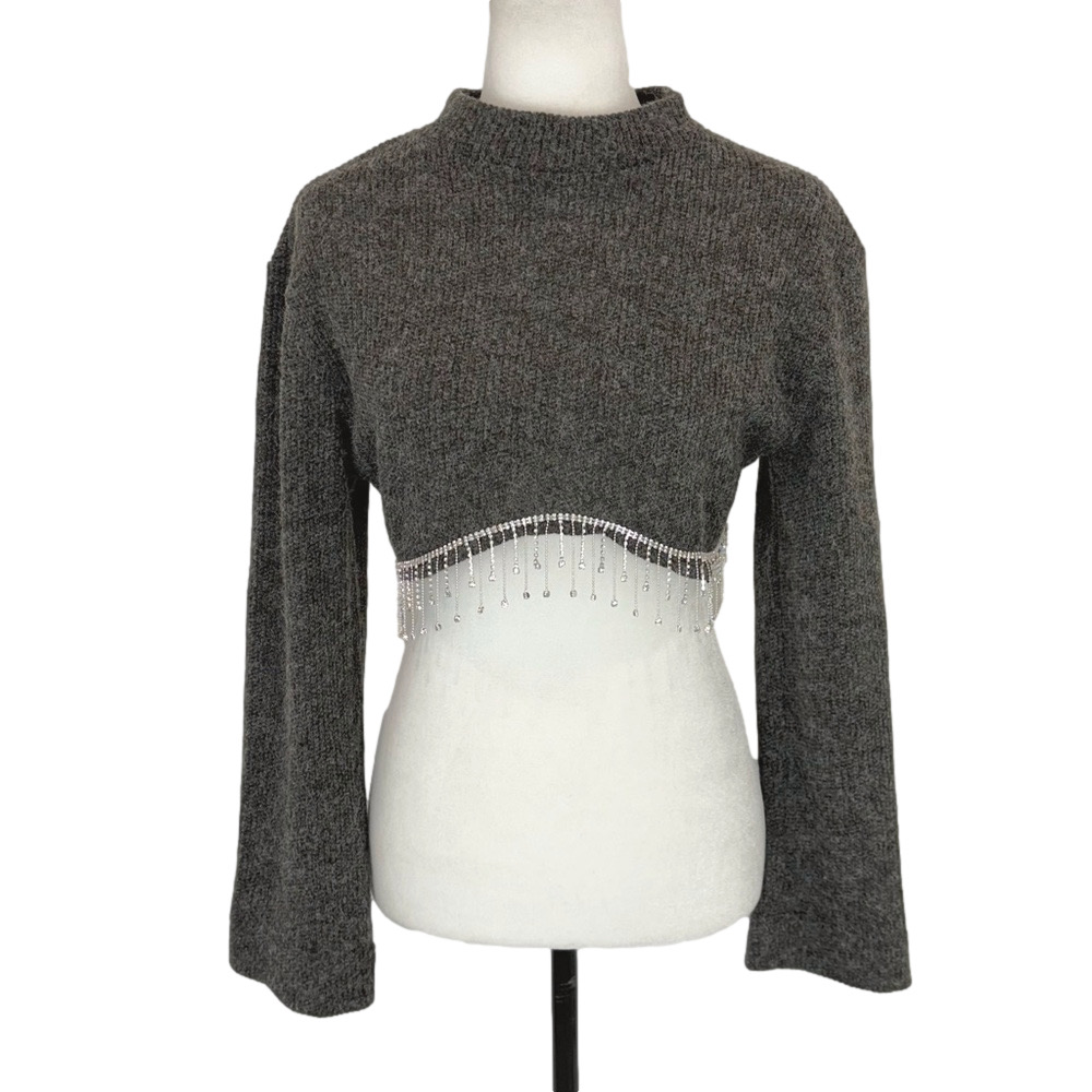 Zara grey cropped rhinestone fringed sweater